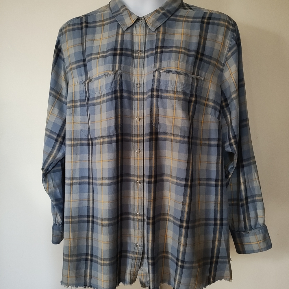 Eddie Bauer Women's Snap Front Fremont Flannel Shirt 3x Frayed Hem Blue
